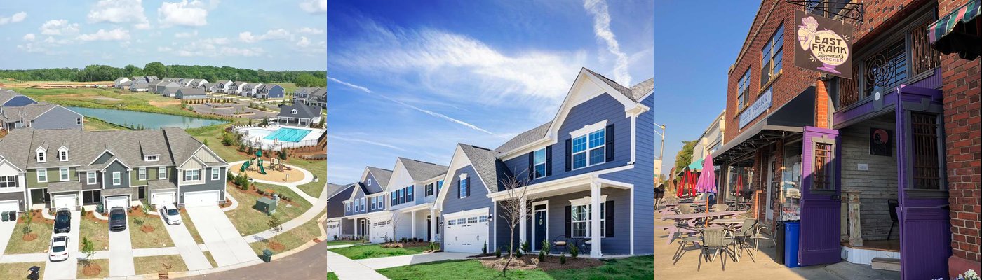 Real photos of Indian Trail, NC — aerial neighborhood view, new homes, and growing communities